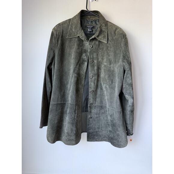 Revue Suede Shirt Jacket Womens XL Olive Green Leather Button Up Shacket Pocket - Picture 1 of 7